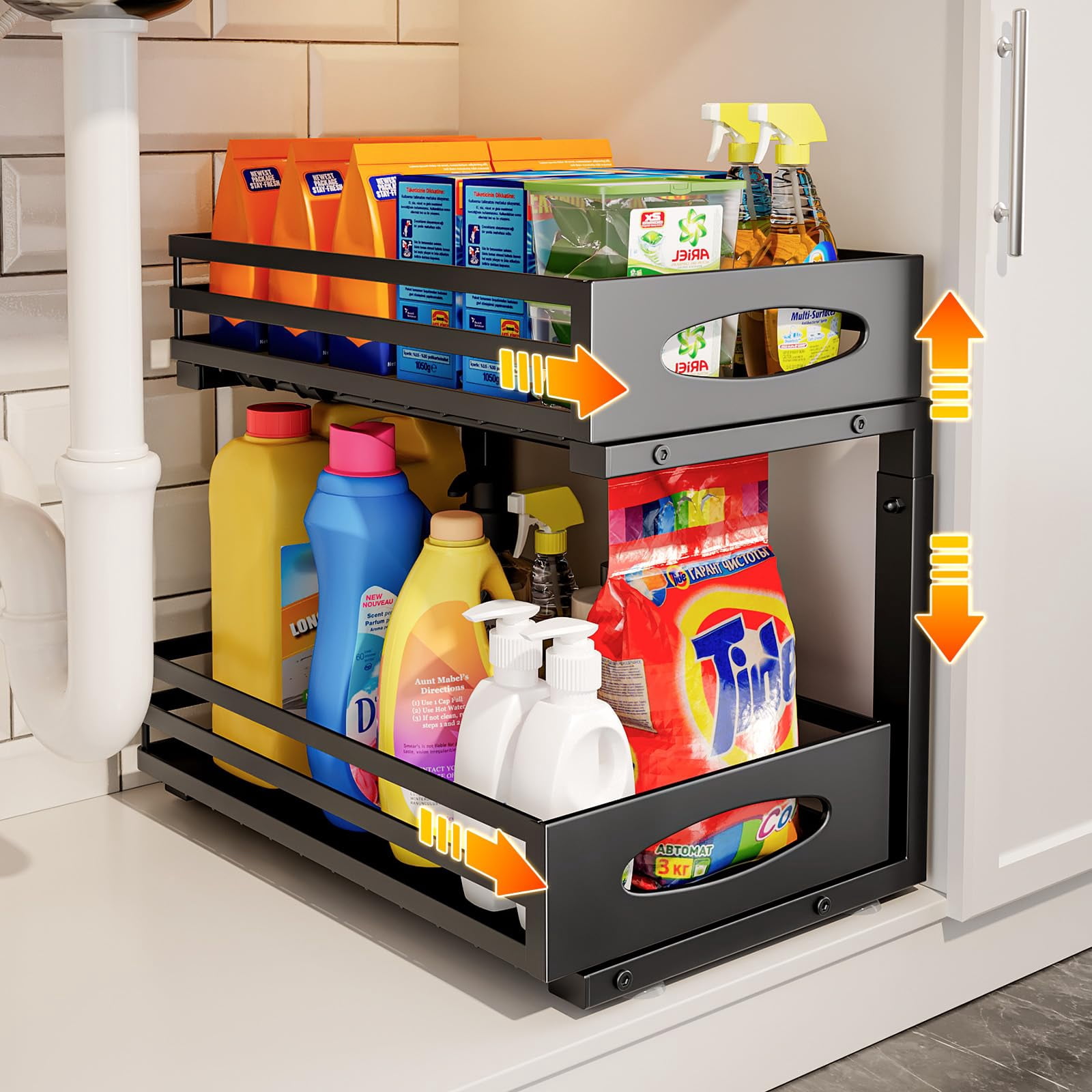 2 Tier Under Sink Organizer, Adjustable Height Slide-Out Metal Cabinet Storage Drawer Shelf for Kitchen and Bathroom, White, 2 Pack