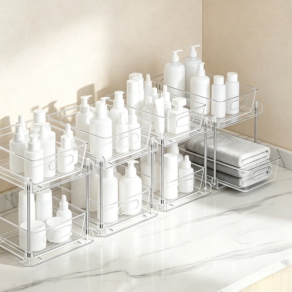 2 Tier Under Sink Organizer, Clear Stackable Bathroom Cabinet Organizer, Multipurpose Pull-Out Home Organizer for Kitchen and Pantry Storage 4 Pack