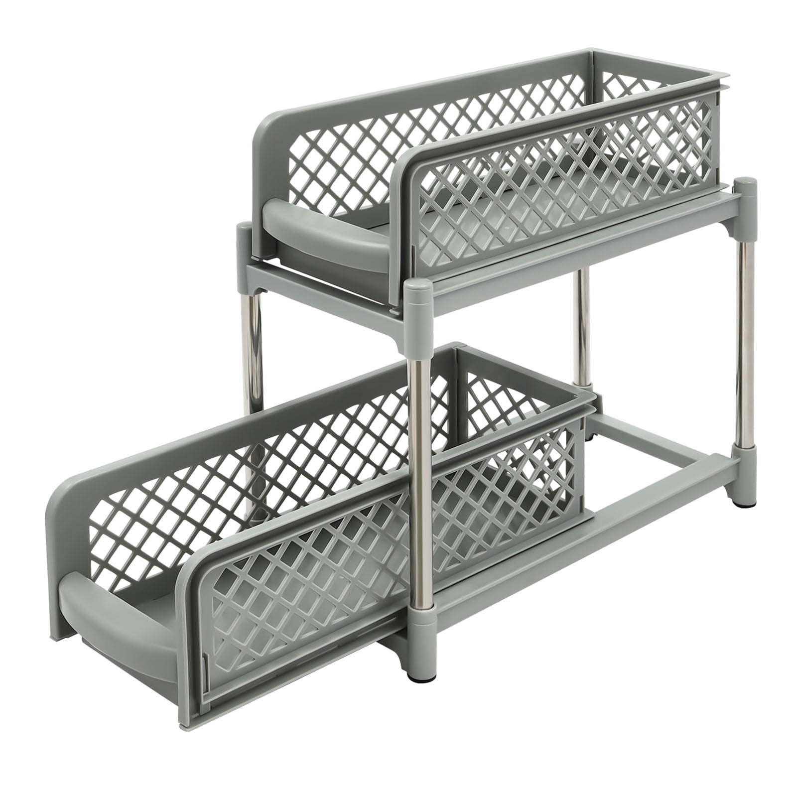 2-Tier Under Sink Organizer with Pull Out Sliding Storage Drawer for Home Bathroom Kitchen White/Grey 14.57in