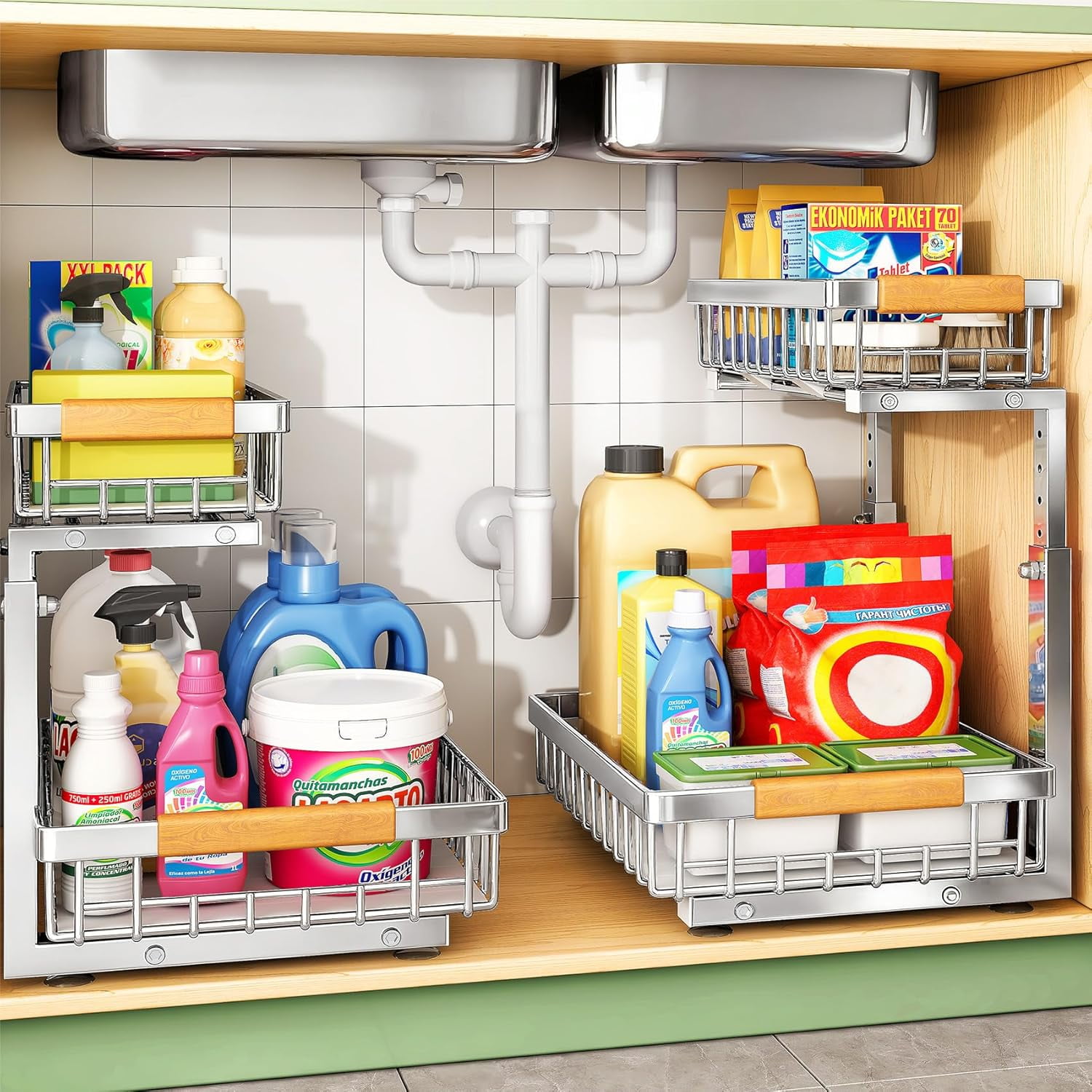 2-Tier Under Sink Organizer with Slide-Out Drawers, Metal Pull-Out Cabinet Shelf for Kitchen Bathroom Pantry Closet Storage, White, 2-Pack