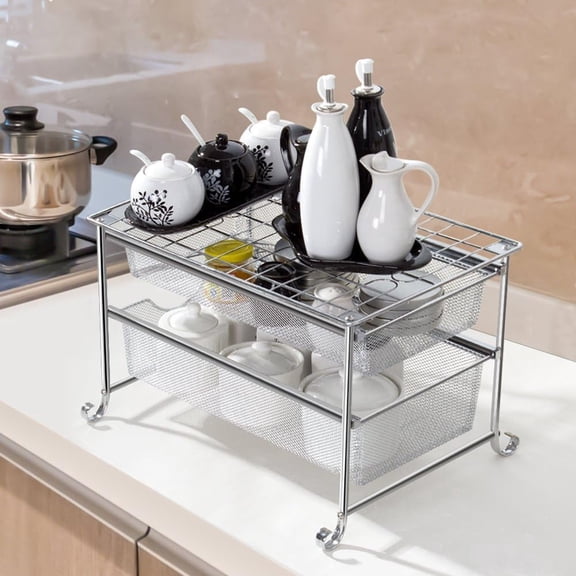 2-Tier Under Sink Organizer with Sliding Drawers - Metal Mesh Cabinet Storage Shelf for Kitchen, Bathroom, and Pantry Organization