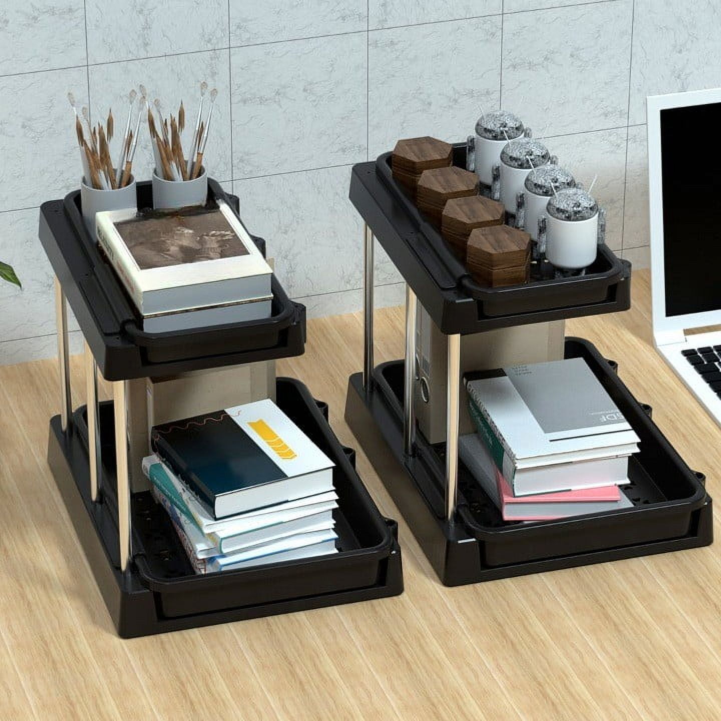 2-Tier Under Sink Organizers and Storage, Sliding L-shape Under Bathroom Kitchen Cabinet Organizers Narrow Space Sink Organizer