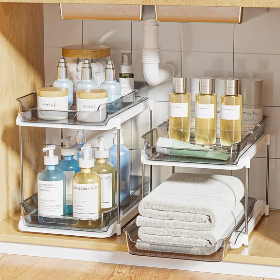 2-Tier Under Sink Storage 2 Pack Grey Stackable Pull Out Organizer with Movable Dividers for Bathroom Kitchen