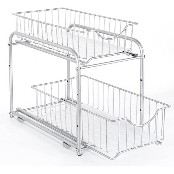 2-Tier Under Sink Storage Sliding Basket Organizer Drawer, Silver