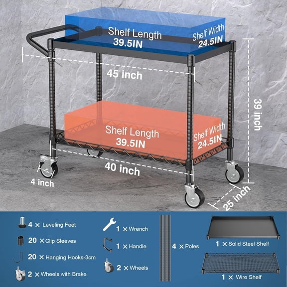 2 Tier Utility Cart with Wheels, NSF Certified 900LBS Capacity Heavy Duty Rolling Utility Carts with Handle Bar, Commercial Grade Metal Serving Storage Cart for Warehouse Garage Kitchen, Black
