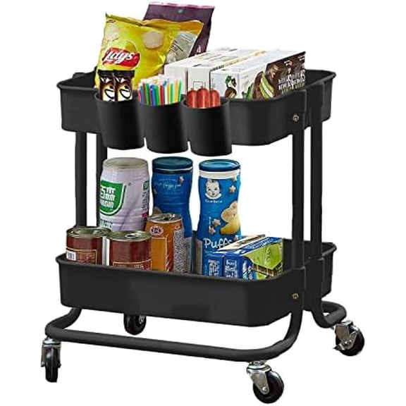 2-Tier Utility Rolling Cart Storage Sofa Side Table with Wheels, Mobile Trolley Organizer with for Office Home Kitchen Organization, Black