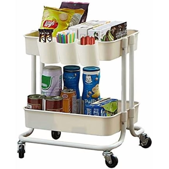 2-Tier Utility Rolling Cart Storage Sofa Side Table with Wheels, Mobile Trolley Organizer with for Office Home Kitchen Organization, Cream White