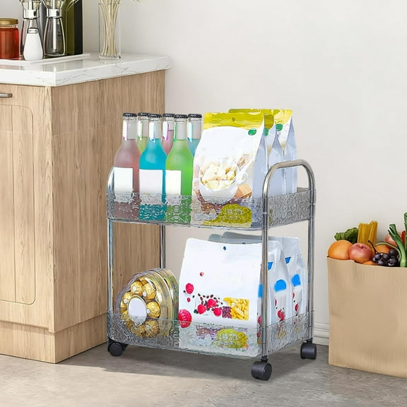2 Tier Utility Rolling Cart with Wheels Multifunctional Storage Cart Under Desk Storage Organizer with Handle and Hooks for Home Kitchen Office Bathroom Organization Transparent