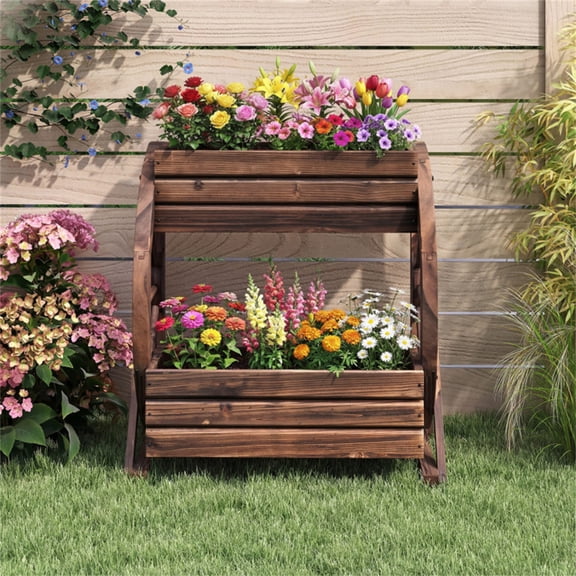 2-Tier Vertical Raised Garden Bed - Burned Fir Wood Semi-Wheel Decorative Planter for Wedding Indoor/Outdoor Use