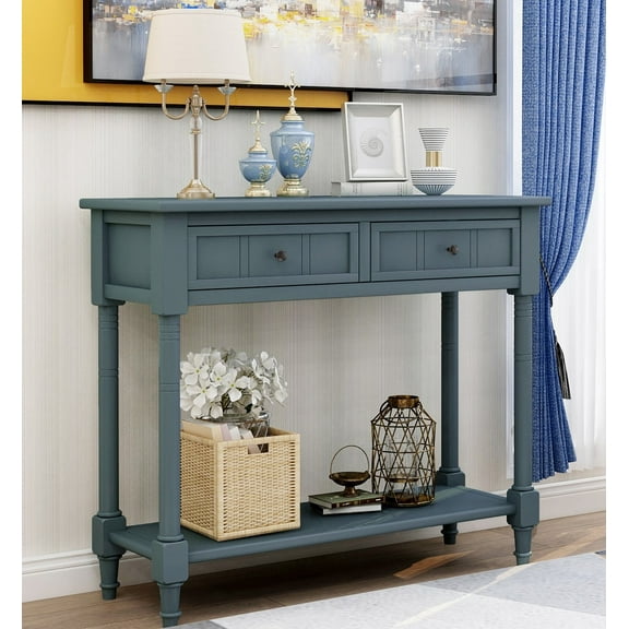 2-Tier Vintage Console Table with 2 Drawers, SEGMART Wood Console Table Sofa Table, Entryway Narrow Long Table with Storage Shelves for Living Room, Couch, Hallway, Foyer, Kitchen Counter, Navy
