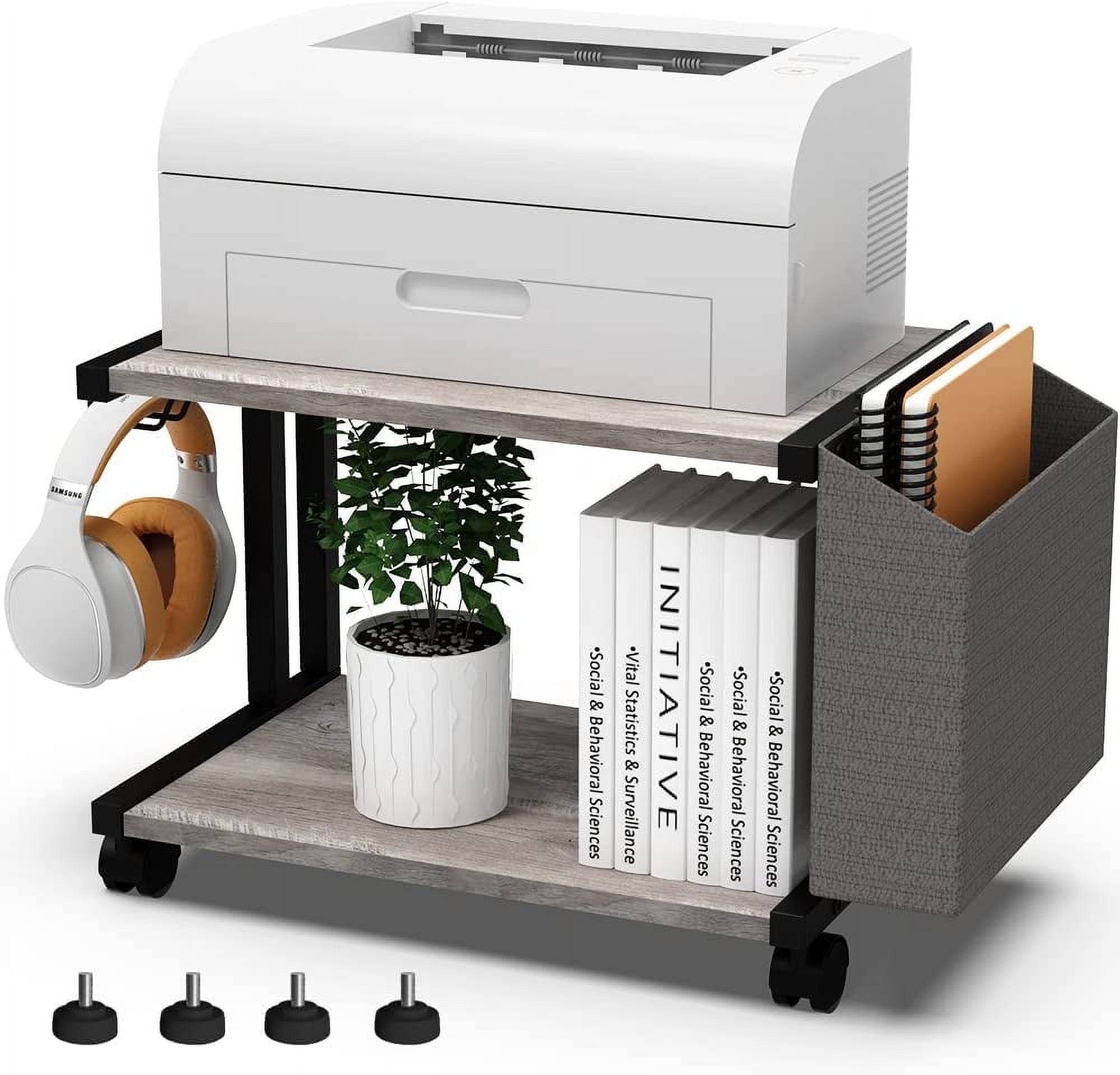 2 Tier Vintage Greige Wooden Under Desk Printer Stand with Storage Bag for Home Office Desktop Printer Table Organizer Mobile Printer Shelf Cart with Caster Wheel
