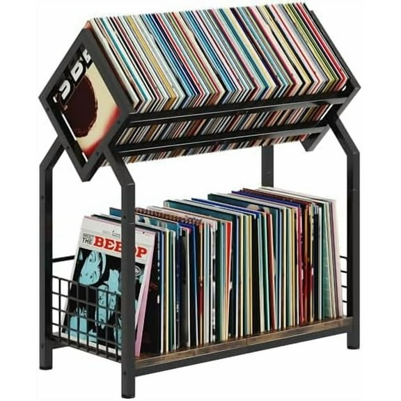2-Tier Vinyl Record Storage Holder with Dividers, 24.4''W Vinyl Record Display, 300 LPs Vinyl Record Storage Rack, Suitable for Magazines, Books, Documents, Albums