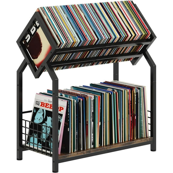 2-Tier Vinyl Record Storage Holder with Dividers, 24.4''W Vinyl Record Display, 300 LPs Vinyl Record Storage Rack, Suitable for Magazines, Books, Documents, Albums