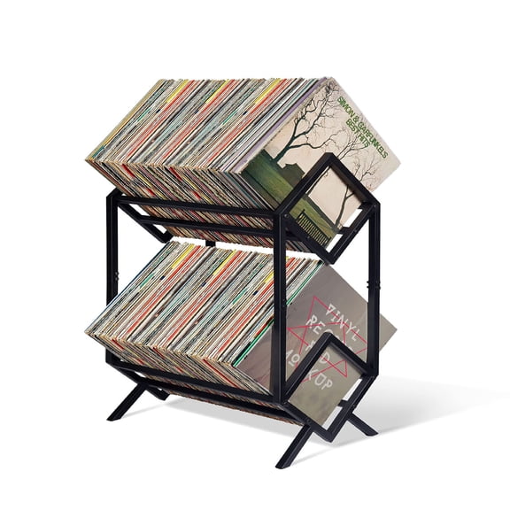 2-Tier-Vinyl-Record-Storage-Holder With Dividers, 200record player stand, Steel Music Records Display Shelf Organizer For Book, Magazine, Files