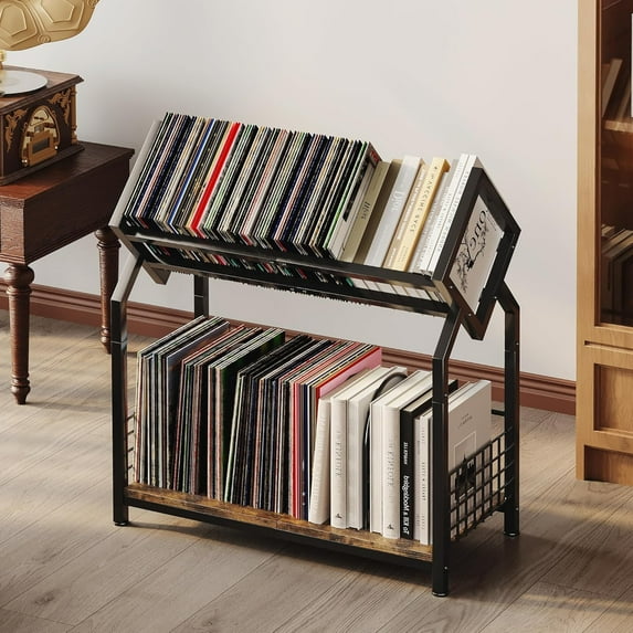 2-Tier Vinyl Record Storage Holder with Dividers, 300 LPs Capacity, Stylish Display Rack for Records, Books, Magazines
