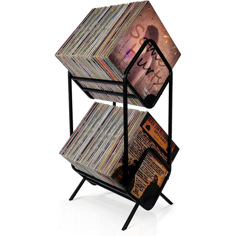 2-Tier Vinyl Record Storage Rack, Curved Black Metal Display Stand