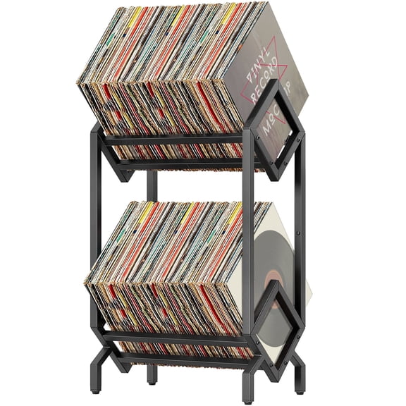 Vinyl Record Storage Rack Display Stand Storage Shelf 2-Tier Metal Matte Black 160-200 LP Capacity Magazine Display Book Organizer