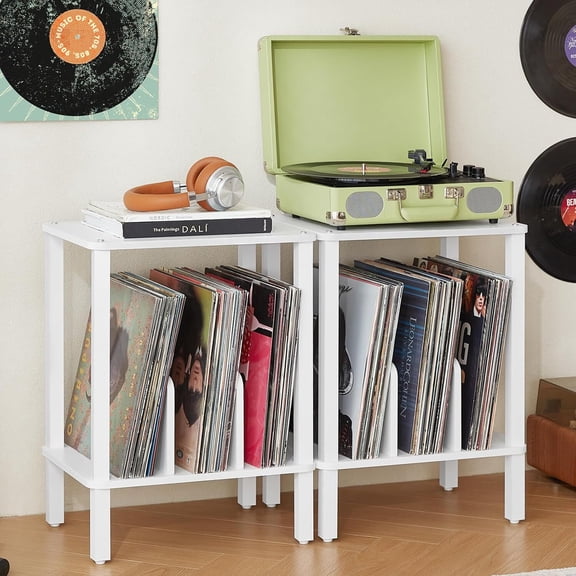 2 Tier Vinyl Record Storage Stand Set of 2, Vinyl Record Stand Freestanding up to 100 Albums, 3-Compartment Vinyl Record Holder with Tabletop, White