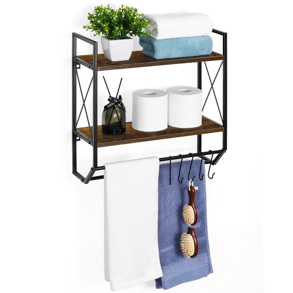 2-Tier Wall Mounted Bathroom Towel Rack, Rustic Brown Floating Shelf with Towel Bar & Hooks, over-Toilet Storage Organizer for Home
