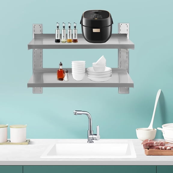 2-Tier Wall Mounted Commercial Shelves,Stainless Steel Wall Shelf,for Restaurant, Bar, Bathroom, Kitchen,Heavy Duty Storage Rack