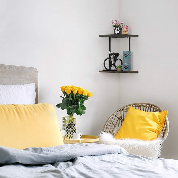 2 Tier Wall Mounted Corner Shelf Wood Round End Rack Bathroom Living Room Office