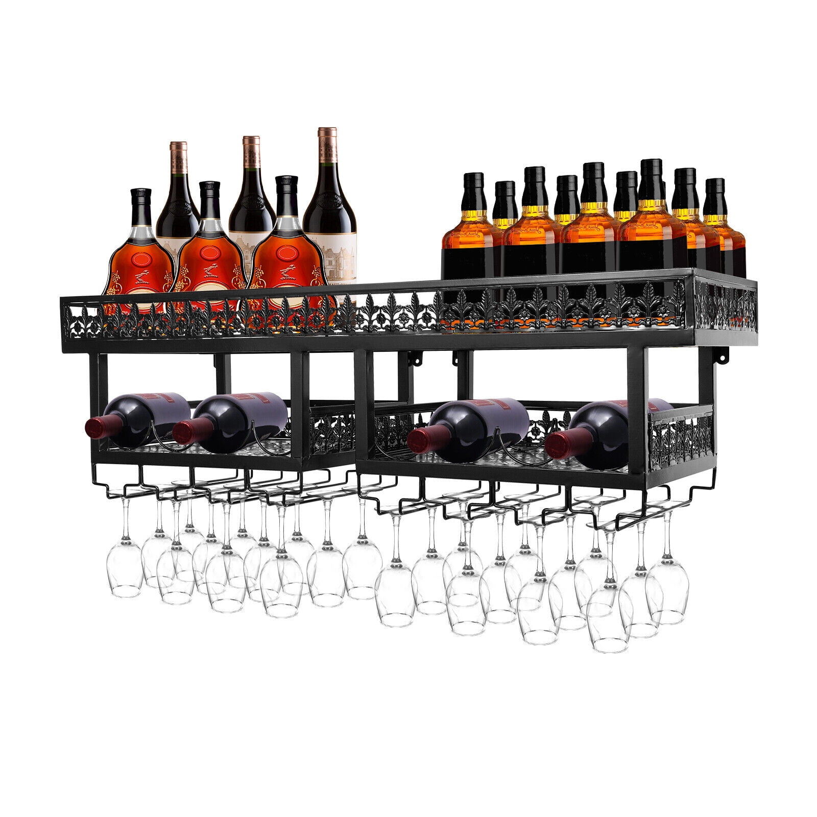 2-Tier Wall Mounted Metal Black Wine Rack Glass Hanging Holder Bar Home ...