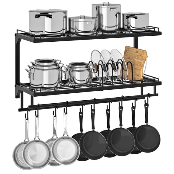 2-Tier Wall Mounted Pot Rack with 10 S-Shaped Hooks and 5 Removable Dividers