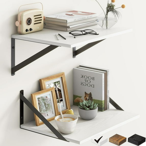 2-Tier Wall-Mounted Projector Floating Shelves W/Triangle Stand, 16 Inch White Rustic Wood Storage Rack Holder for Router, Modem, DVD Player, TV Box, Game System, Audio, 12" Deep