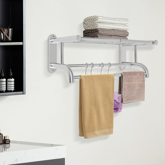 2 Tier Wall Mounted Towel Rack Stainless Steel Bathroom Storage Shelf W/ Hooks