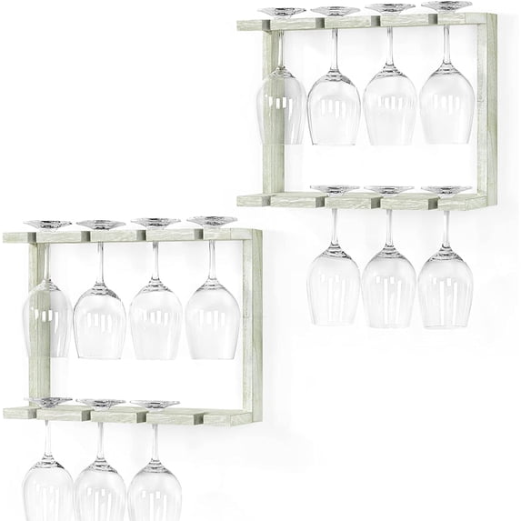2 Tier Wall Mounted Wood Wine Glass Holder Rack, Set of 2, Gray Green