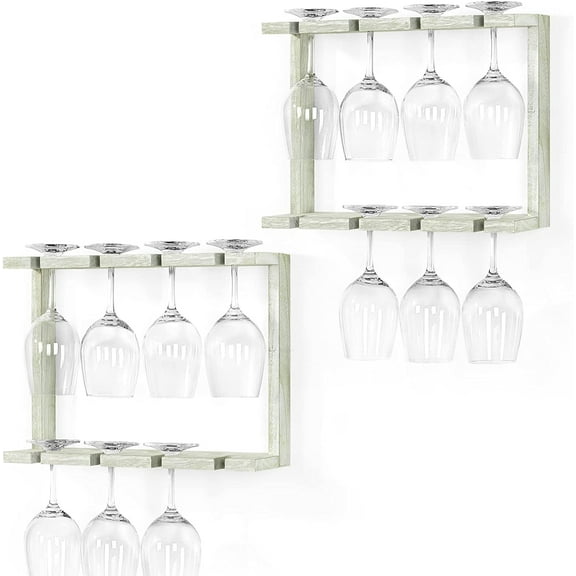 2 Tier Wall Mounted Wood Wine Glass Holder Rack, Set of 2, Gray Green