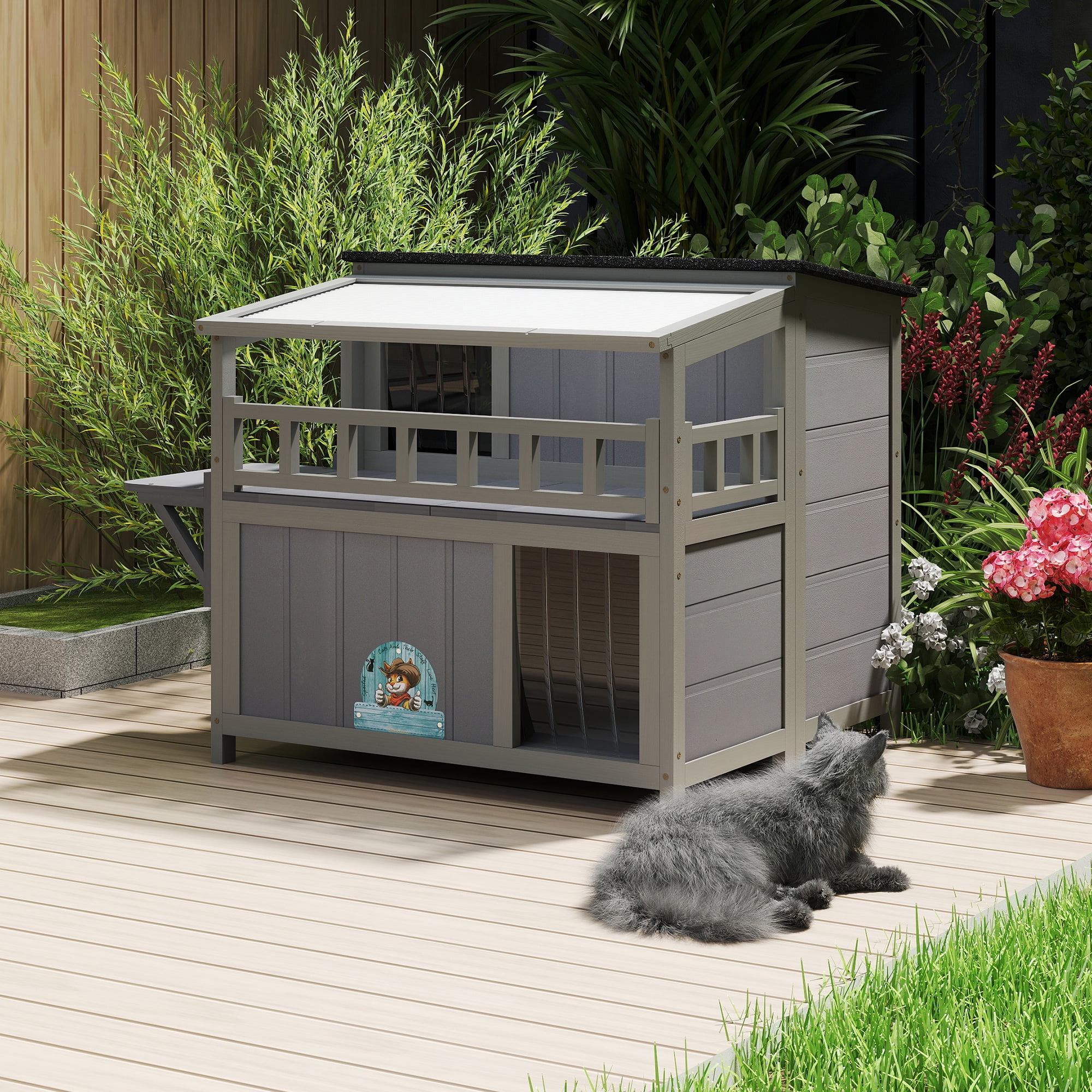 2-Tier Warm Wood Cat Shelter with Sunlight Roof, Outdoor Kitty Cat House, Balcony, Jumping Platforms, Kitty Pet Porch Enclosure, Weatherproof Outside