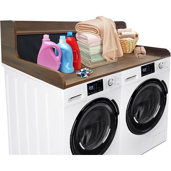 2-Tier Washer Dryer Countertop with 2.75" H Edge Rails, 54" W x 27.55" D Laundry Countertop for Folding Clothes, Washer and Dryer Topper with Non-Slip Pad (Walnut)
