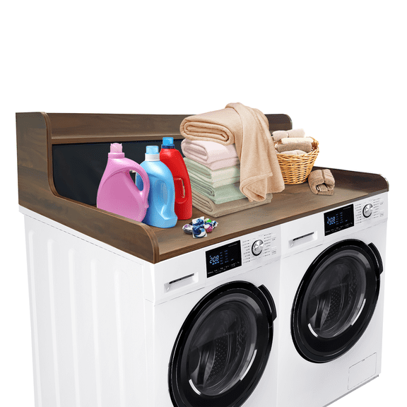 2-Tier Washer Dryer Countertop with 2 Drawers, Wood Washer and Dryer Countertop with 2.75" H Edge Rails, Waterproof Laundry Topper with Anti-Slip Pads for Laundry Room Organization and Storage