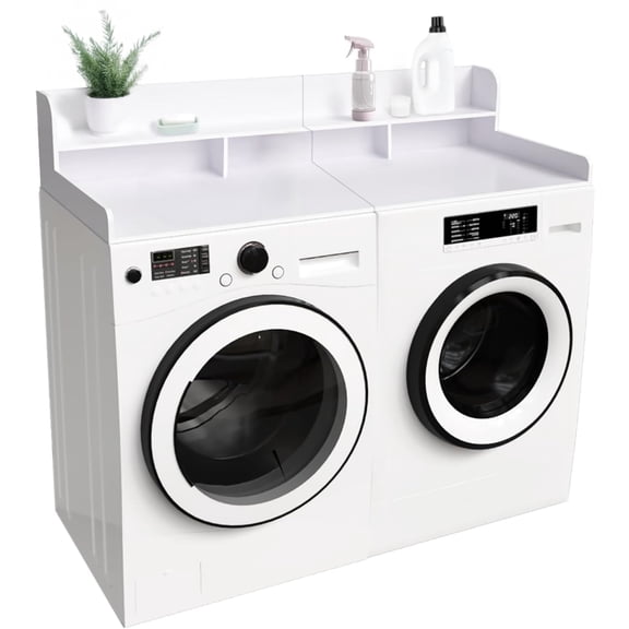 2-Tier Washer Dryer Countertop with Edge Rails, Washer and Dryer Double Topper, Water-Resistant Laundry Topper for Laundry Hamper Counter Storage, Black, 54" W x 27.5" D, White