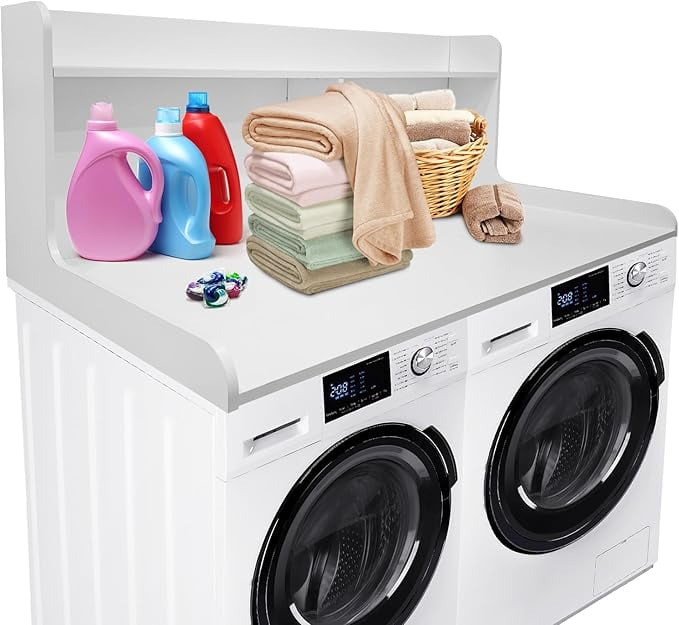 2 Tier Washer Dryer Countertop with Shelf, 54x27.5 Inch Waterproof Wood Laundry Room Topper, Large Washer and Dryer Topper with Storage for Laundry Organization, White