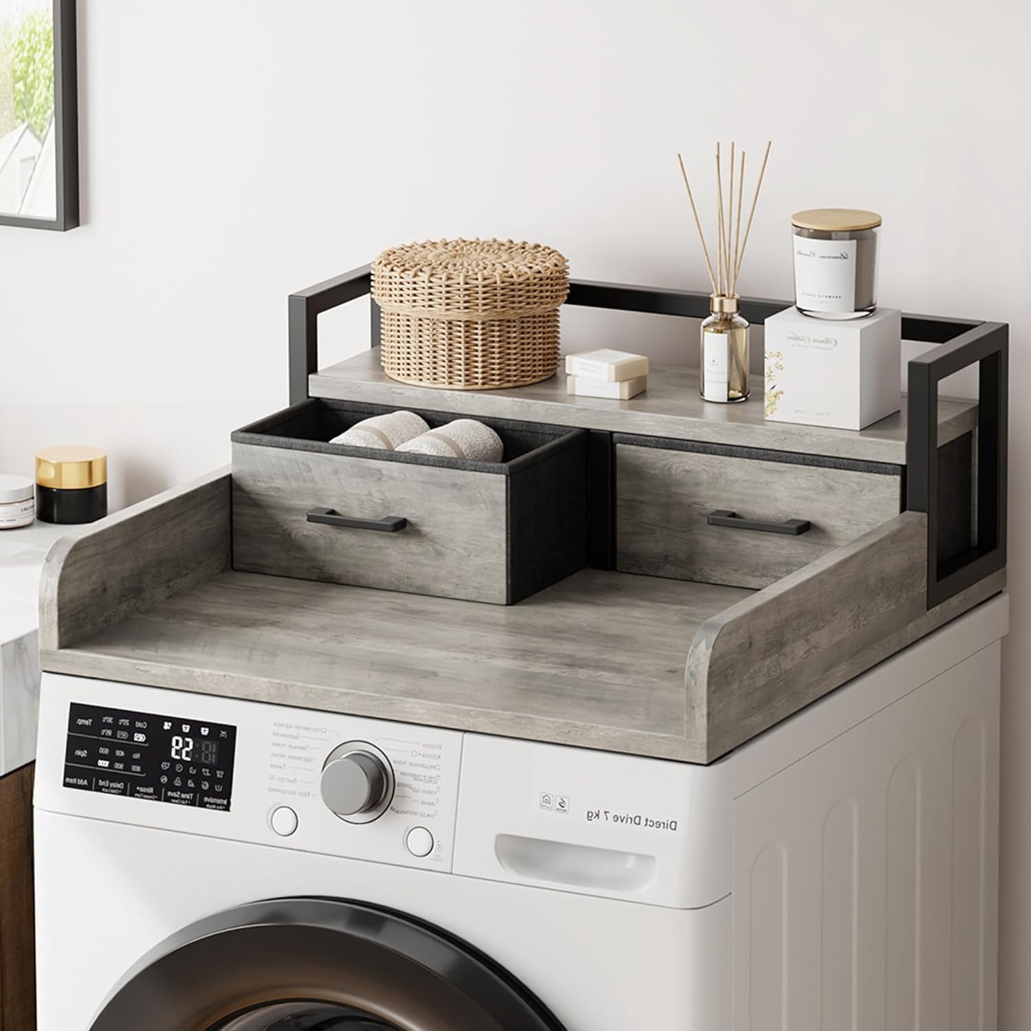 2-Tier Washer and Dryer Countertop with Shelf or Drawers, Laundry Countertop Cover with Non-Slip Pad, 54"X27.5" Laundry Topper for Folding Clothes Over Washer and Dryer, Grey