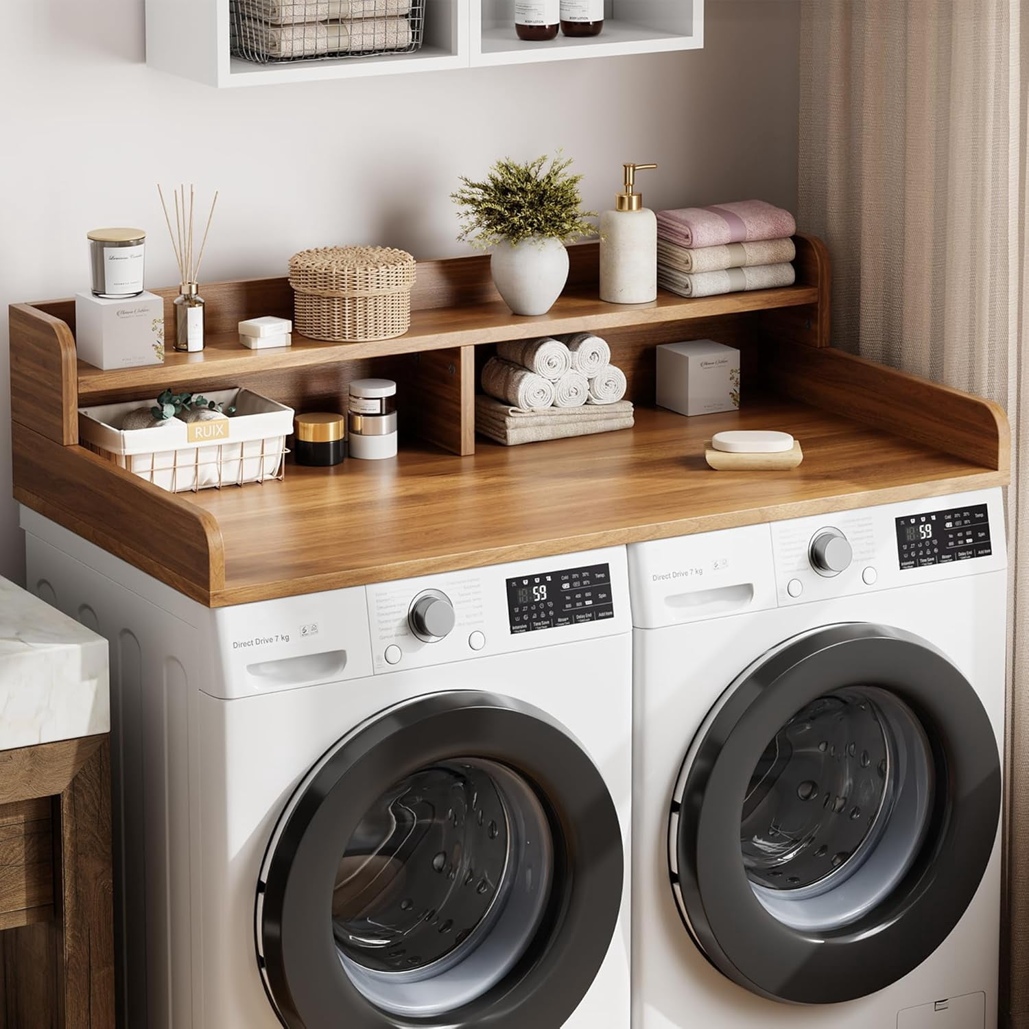 2-Tier Washer and Dryer Countertop with Shelf or Drawers, Laundry Countertop Cover with Non-Slip Pad, 54"X27.5" Laundry Topper for Folding Clothes Over Washer and Dryer-White