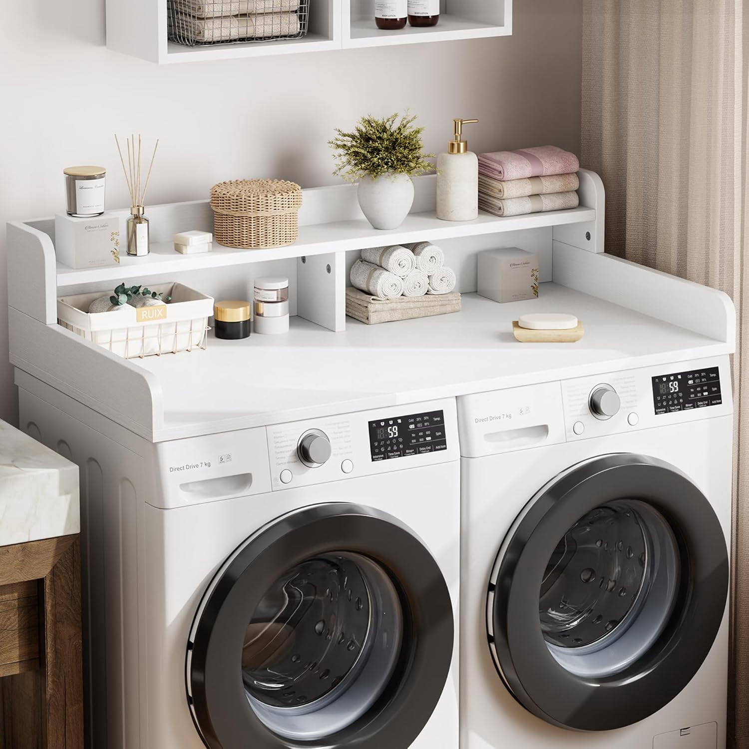 2-Tier Washer and Dryer Countertop with Shelf or Drawers, Laundry Countertop Cover with Non-Slip Pad, 54"X27.5" Laundry Topper for Folding Clothes Over Washer and Dryer-White