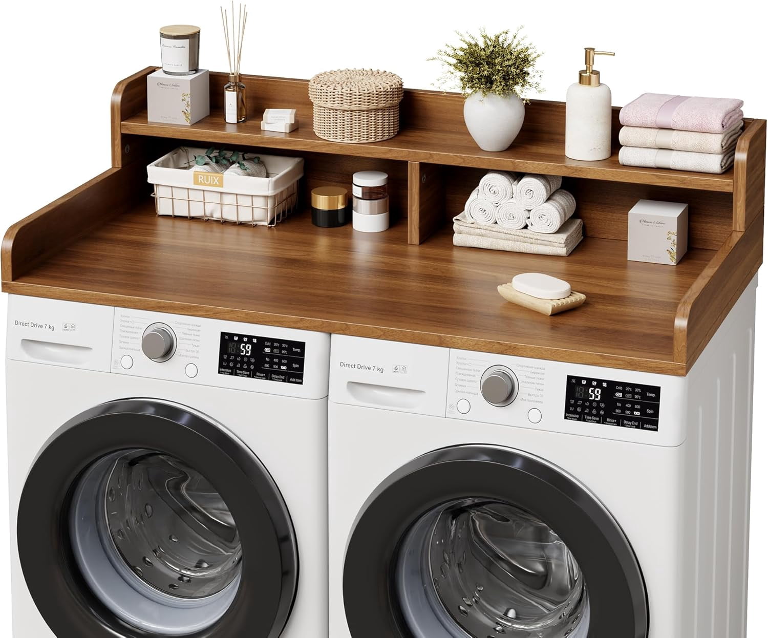 2-Tier Washer Dryer Countertop with Shelf, Laundry Topper with Edge and Non-Slip Pad for Washer Dryer Laundry Hamper Counter Storage Organization 54"X27.5"，Brown