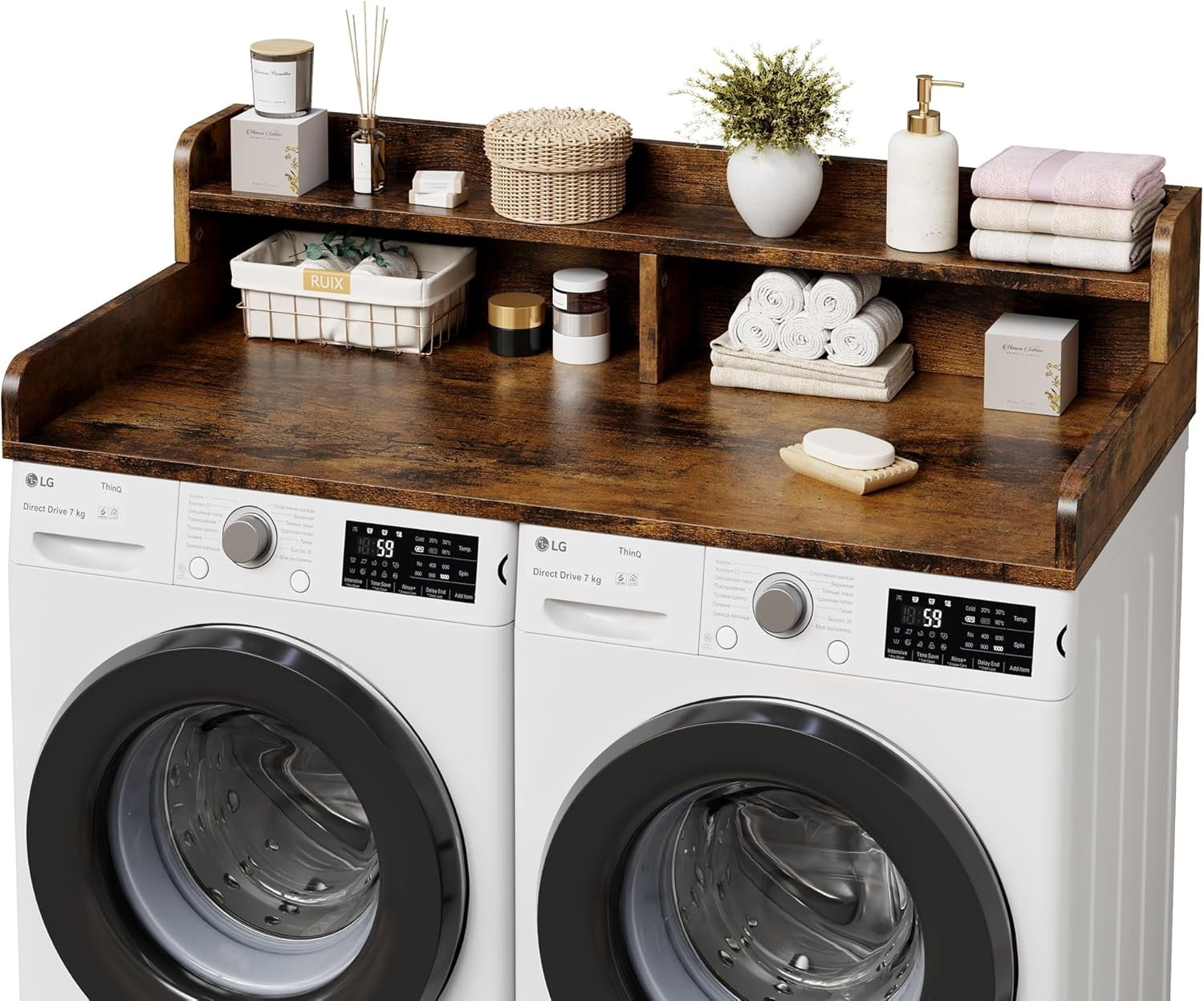 2-Tier Washer Dryer Countertop with Shelf, Laundry Topper with Edge and Non-Slip Pad for Washer Dryer Laundry Hamper Counter Storage Organization 54"X27.5"，Retro