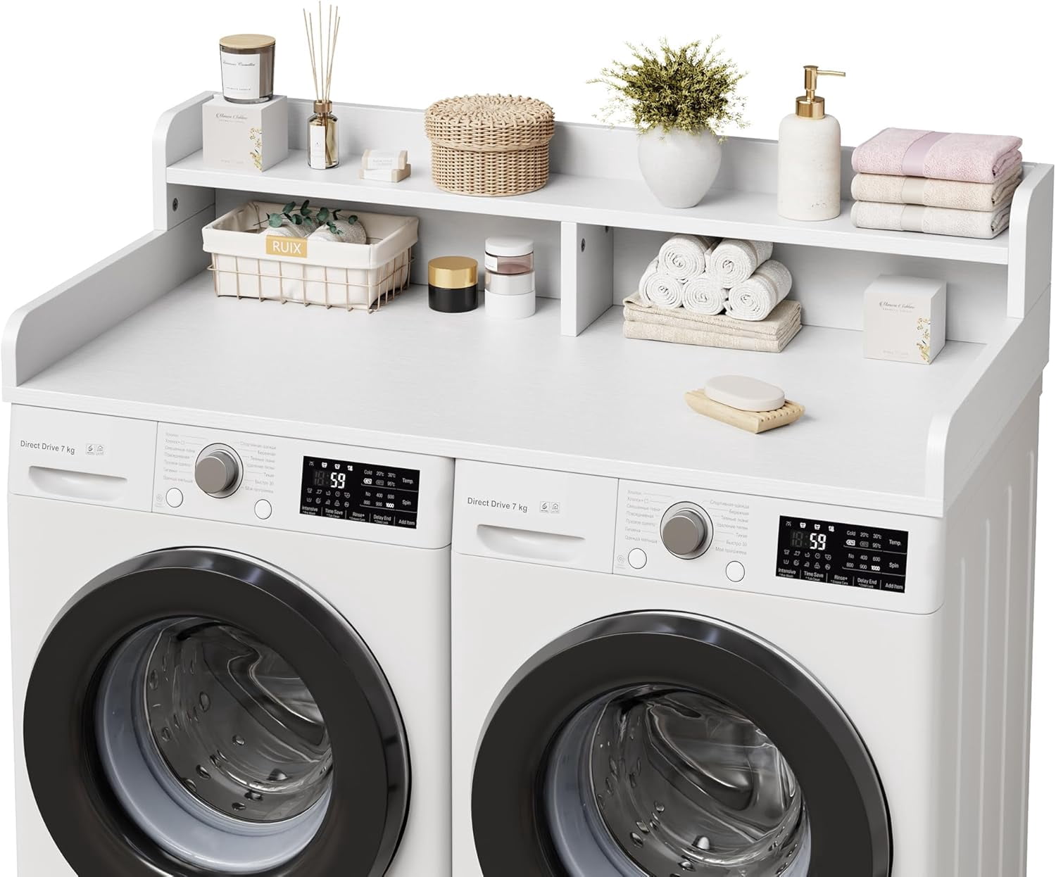 2-Tier Washer Dryer Countertop with Shelf, Laundry Topper with Edge and Non-Slip Pad for Washer Dryer Laundry Hamper Counter Storage Organization 54"X27.5"， White