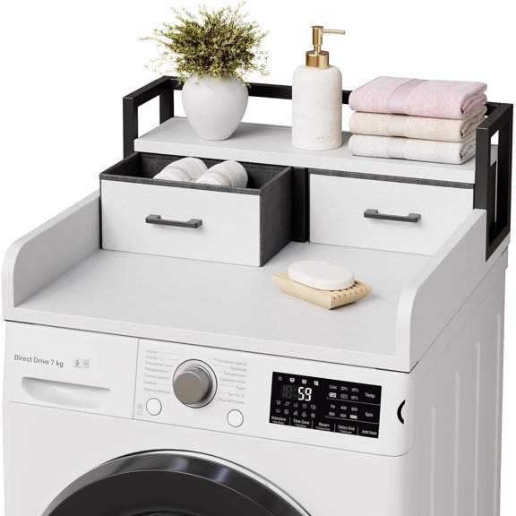 2-Tier Washer Dryer Countertop Single with Shelf and 2 Drawer, Laundry Topper with Edge and Non-Slip Pad for Washer Dryer Laundry Hamper Counter Storage Organization 27.5"x27.5",White