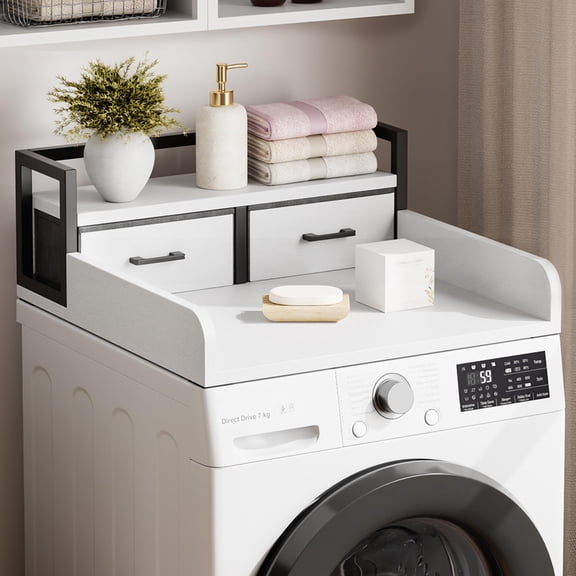 2-Tier Washer Dryer Countertop Single with Shelf and Drawer, Laundry Topper with Edge and Non-Slip Pad for Laundry Hamper Counter Storage