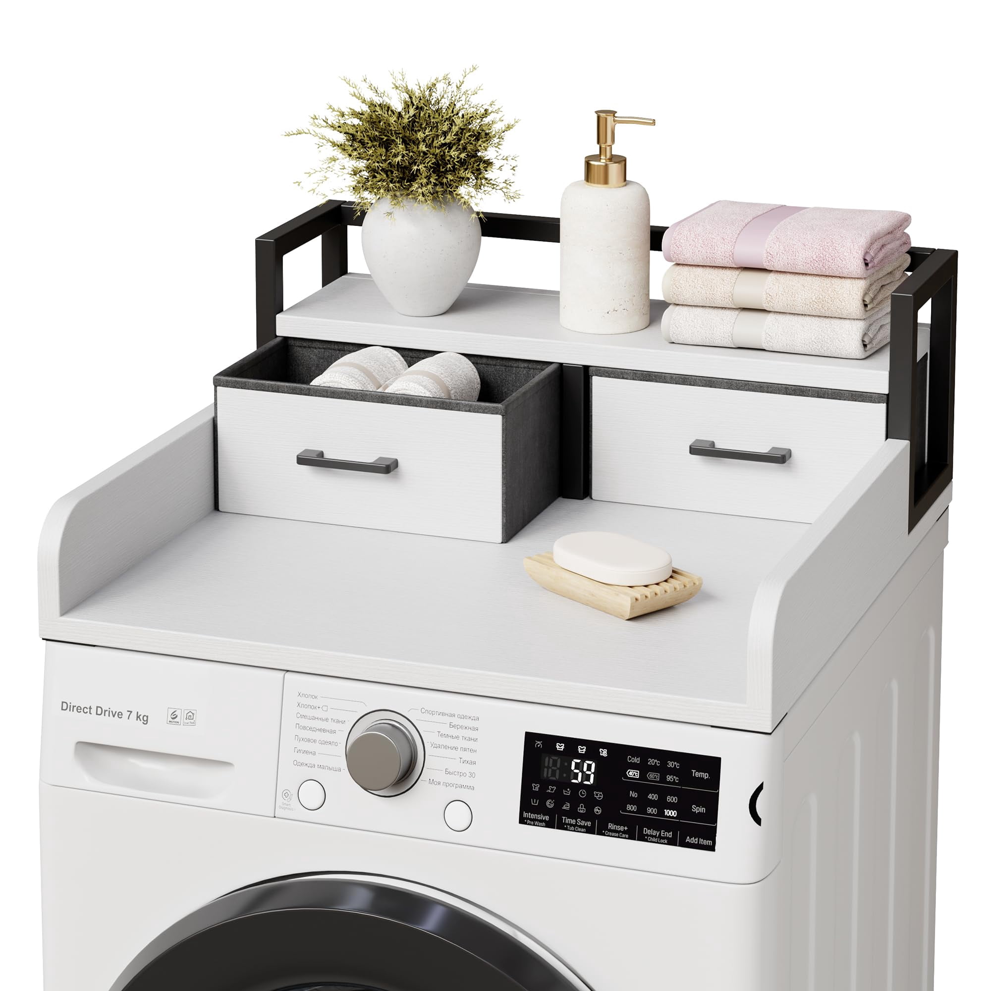 2-Tier Washer Dryer Countertop, Washing Machine Countertwith Shelf and 2 Drawers, Washer and Dryer Topper with High Guardrails, Smooth Edges, for Laundry Hamper Counter Storage Organization, White