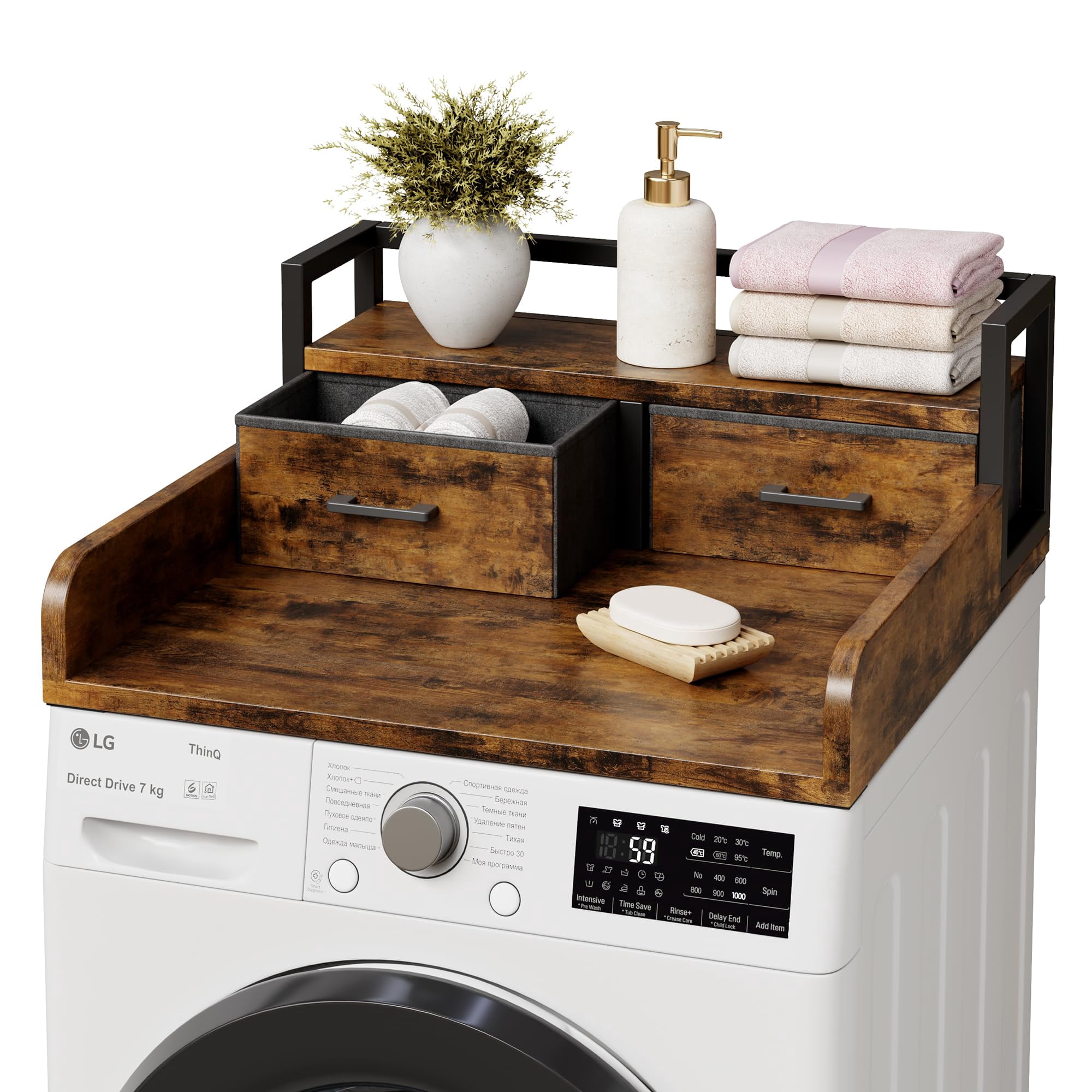 2-Tier Washer Dryer Countertop, Washing Machine Countertwith Shelf and 2 Drawers, Washer and Dryer Topper with High Guardrails, Smooth Edges, for Laundry Hamper Counter Storage Organization, Brown