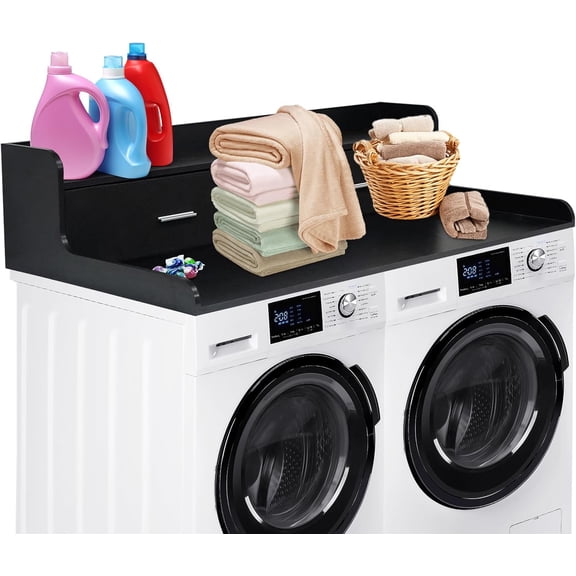 2-Tier Washer Dryer Countertop with 2 Drawers, Wood Laundry Shelf, 2.75" Edge Rails, Waterproof, Laundry Room Storage Organizer, Black