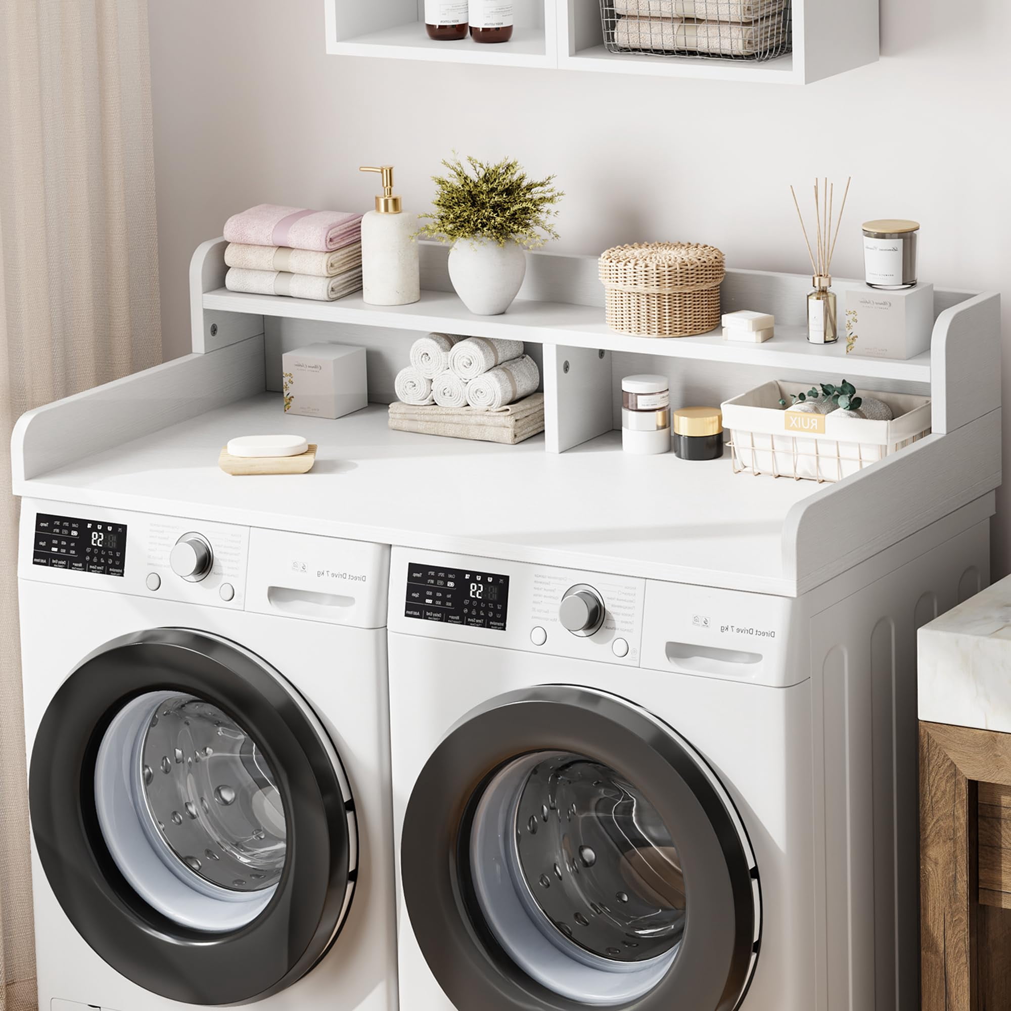 2-Tier Washer and Dryer Countertop with Shelf, Laundry Countertop Cover with Non-Slip Pad, 54.3"D x 27.6"W x 12"H Laundry Topper for Organize