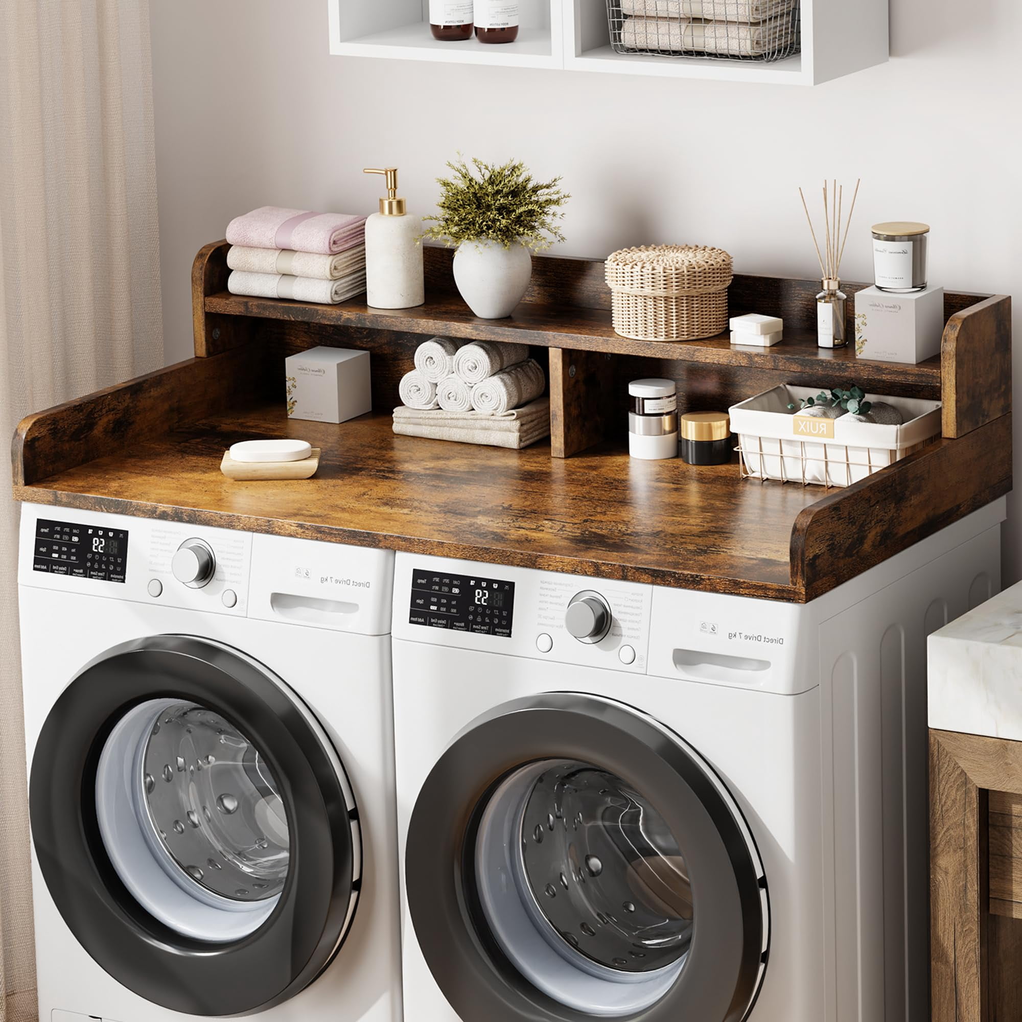 2-Tier Washer and Dryer Countertop with Shelf, Laundry Countertop Cover with Non-Slip Pad, 54.3"D x 27.6"W x 12"H Laundry Topper for Organize
