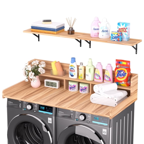 2-Tier Washer and Dryer Countertop with Storage Shelves & Non-Slip Pads, Laundry Room Organizer Countertop Set, Oak